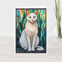 Stained Glass Style White Cat with Green Eyes