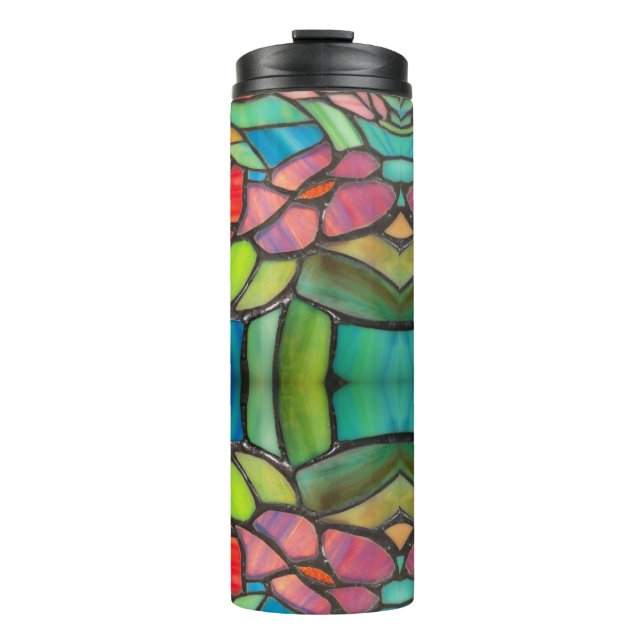 Stained Glass Style with Pink Flowers  Thermal Tumbler (Front)