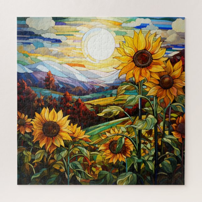 Stained Glass Sunflowers Field Sunset Mountains Jigsaw Puzzle (Vertical)