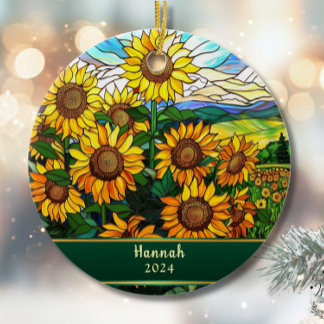 Stained Glass Sunflowers Personalized Ceramic Tree Decoration