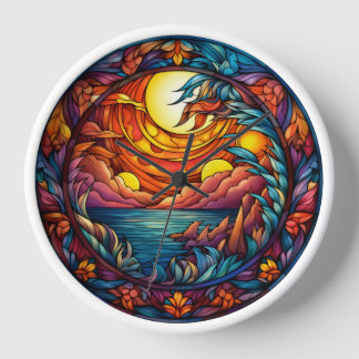 Stained Glass Sunset Landscape Wall Clock 