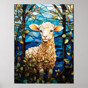 Stained Glass Sweet Lamb Springtime Meadow Window Poster