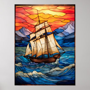 Stained Glass Tall Ship Sunset Ocean Seascape Poster
