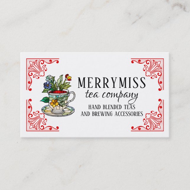 Stained glass teacup hand blended teas business card (Front)