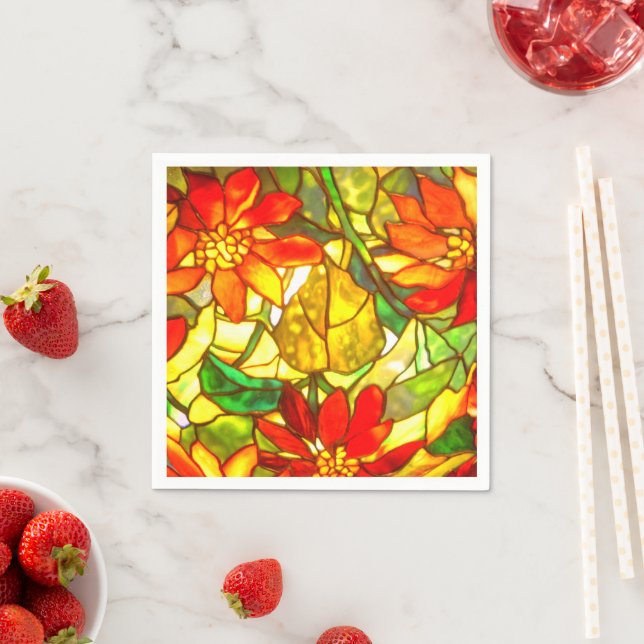 Stained glass tiffany look winter floral red green napkin (Insitu)