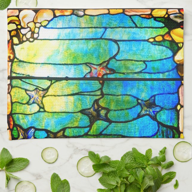 Stained glass tiffany window starfish sea tea towel (Folded)