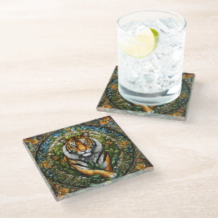 Stained Glass Tiger Illustration Glass Coaster
