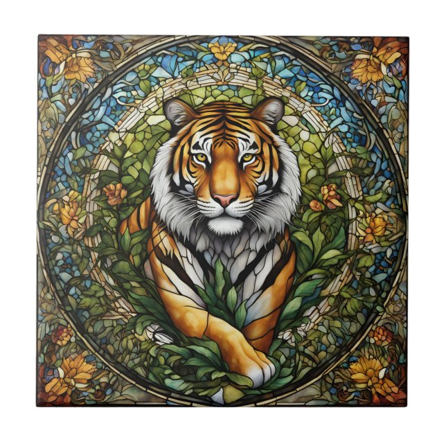 Stained Glass Tiger Illustration Tile (Front)
