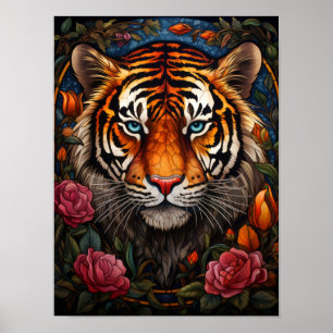 Stained Glass Tiger Portrait with Pink Roses and B Poster