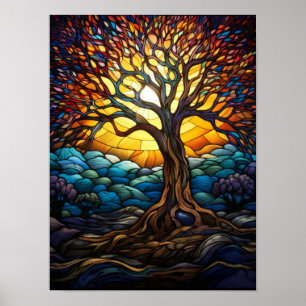 Stained Glass Tree Of Life Mosaic Sunset Art Poster