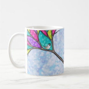 stained glass tree snowman with chickadees coffee mug