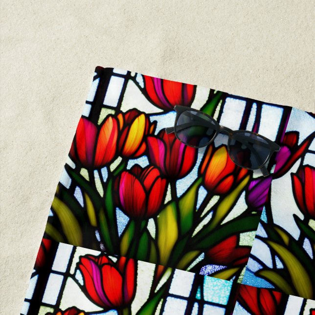 Stained Glass Tulips, Beach Towel (In Situ)