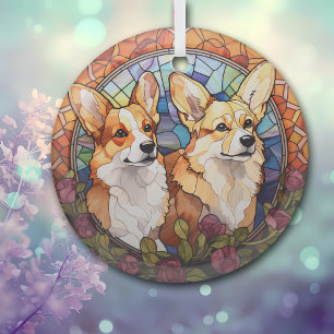 Stained Glass Twin Corgi Dogs Christmas Glass Tree Decoration