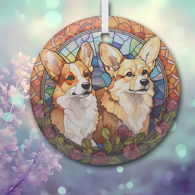 Stained Glass Twin Corgi Dogs Christmas Glass Tree Decoration (Creator Uploaded)
