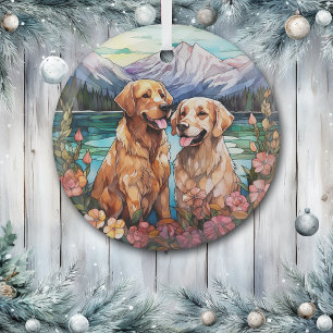 Stained Glass Two Golden Retriever Dogs Glass Tree Decoration