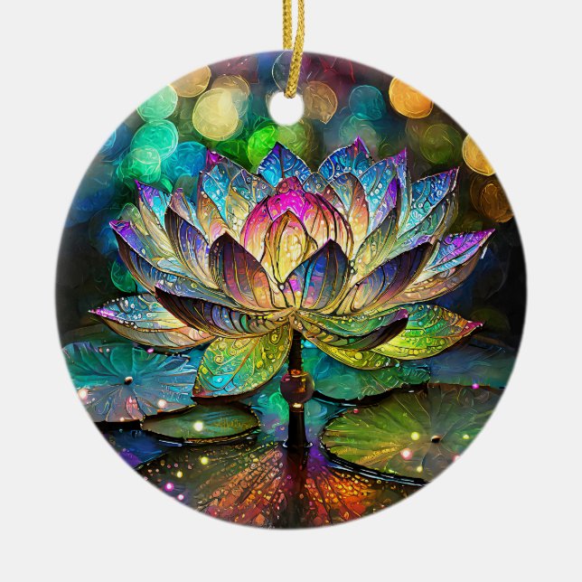 Stained Glass Vibrant Lotus Flower Ceramic Tree Decoration (Front)