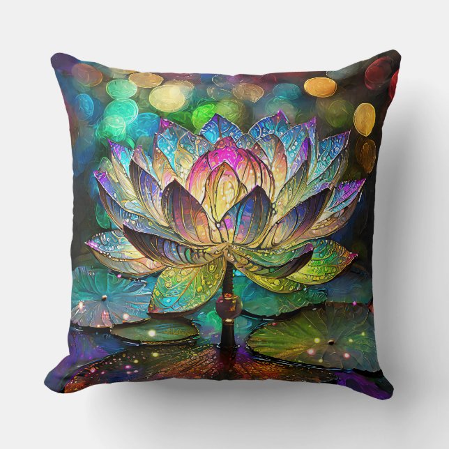 Stained Glass Vibrant Lotus Flower Cushion (Front)