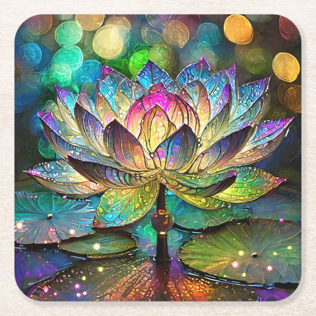 Stained Glass Vibrant Lotus Flower Square Paper Coaster (Front)