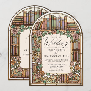 Stained Glass Vintage Books Floral Arch Wedding Invitation
