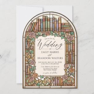 Stained Glass Vintage Library Books Arch Wedding Invitation