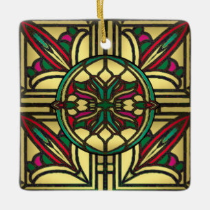 Stained Glass Vintage Pattern in Gold and Red Ceramic Ornament