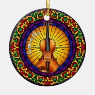 Stained Glass Violin Custom Name Christmas Ceramic Tree Decoration