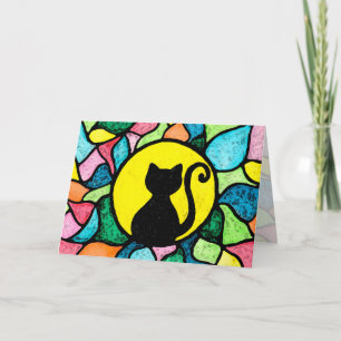 Stained Glass Watercolor Black Kitty Greeting Card