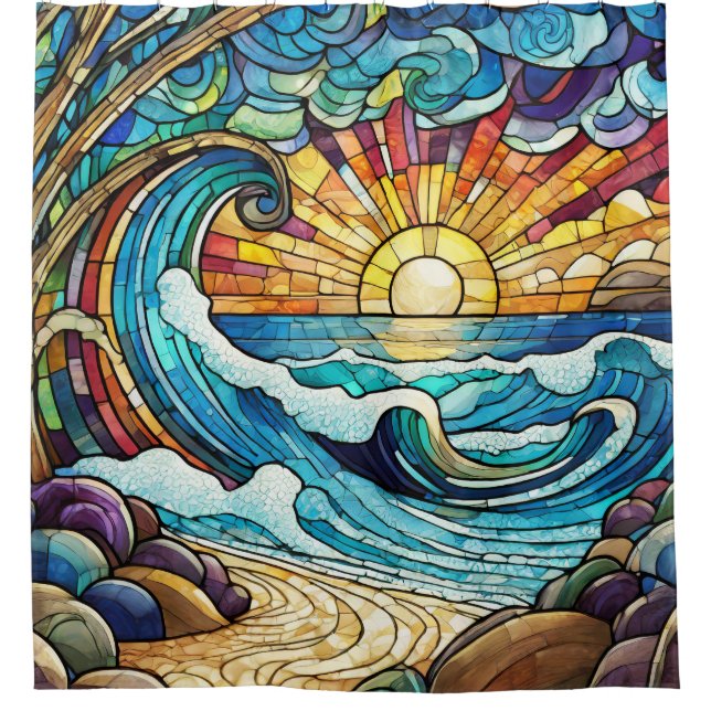 Stained glass waves on beach shower curtain (Front)