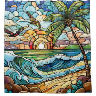 Stained glass waves on beach shower curtain