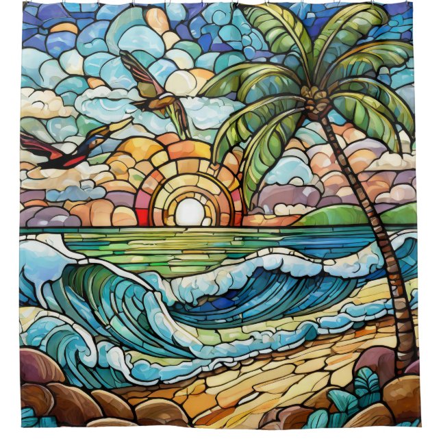 Stained glass waves on beach shower curtain (Front)