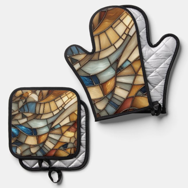Stained Glass Waves Oven Mitt & Pot Holder Set (Front/Back)