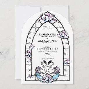 Stained Glass Whimsical Swans Water Lilies Wedding Invitation