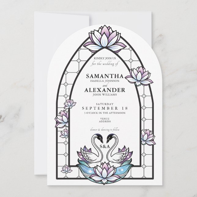 Stained Glass Whimsical Swans Water Lilies Wedding Invitation (Front)
