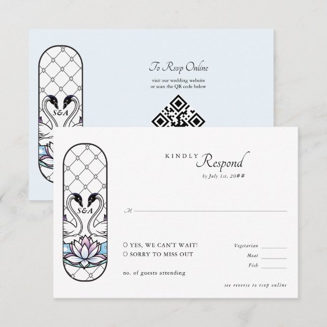 Stained Glass Whimsical Swans Water Lilies Wedding RSVP Card (Front/Back)