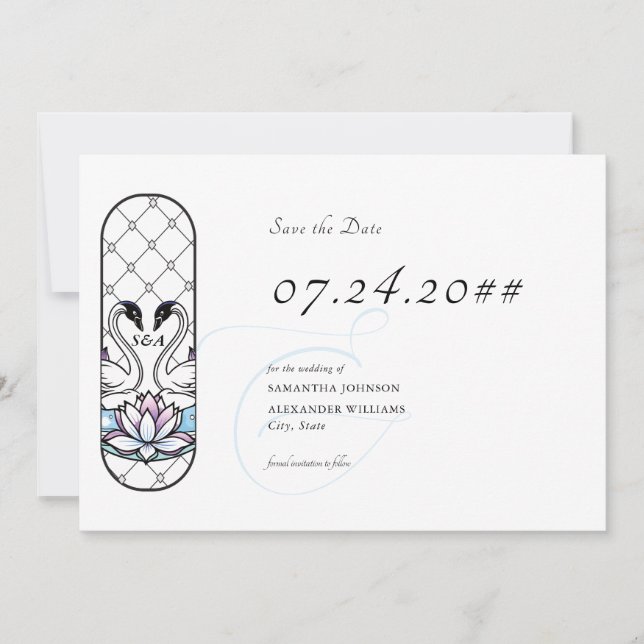 Stained Glass Whimsical Swans Water Lilies Wedding Save The Date (Front)