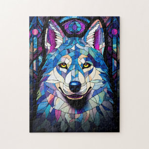 Stained Glass White, Blue and Purple Wolf Puzzle.  Jigsaw Puzzle