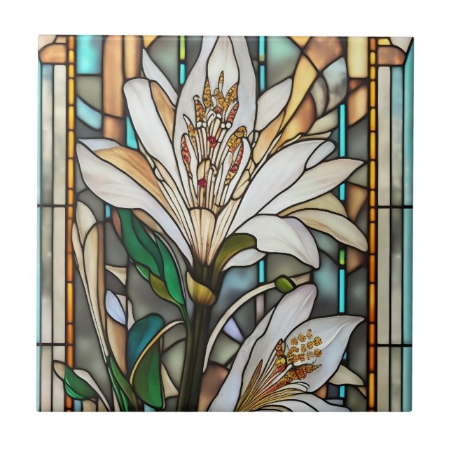Stained Glass White Lily Illustration Tile (Front)