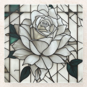 Stained Glass White Rose Coaster