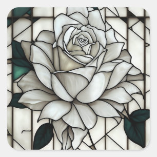 Stained Glass White Rose Square Sticker