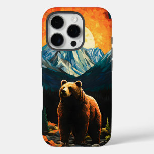 Stained Glass Wildlife Mountain Sunset Bear iPhone 16 Pro Case