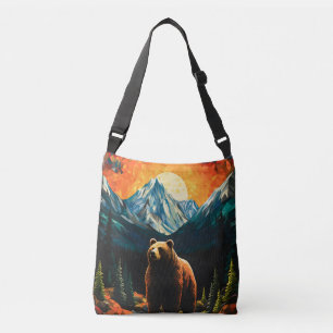 Stained Glass Wildlife Mountain Sunset Bear Crossbody Bag