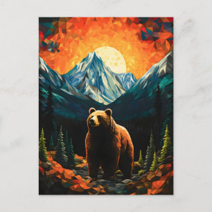Stained Glass Wildlife Mountain Sunset Bear Holiday Postcard