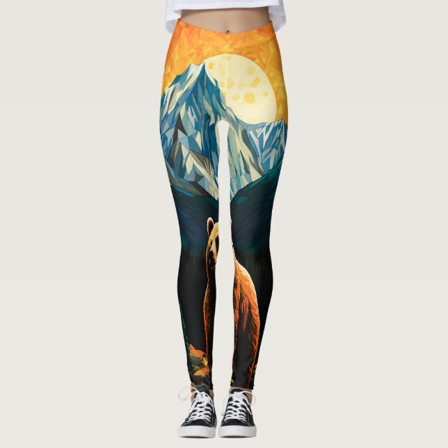 Stained Glass Wildlife Mountain Sunset Bear Leggings (Front)