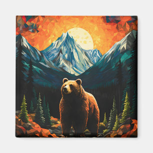 Stained Glass Wildlife Mountain Sunset Bear Magnet