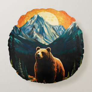 Stained Glass Wildlife Mountain Sunset Bear Round Cushion
