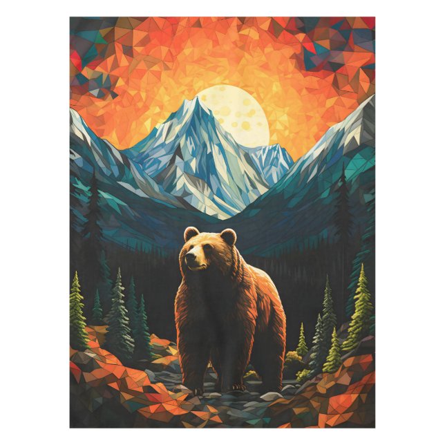 Stained Glass Wildlife Mountain Sunset Bear Tablecloth (Front)