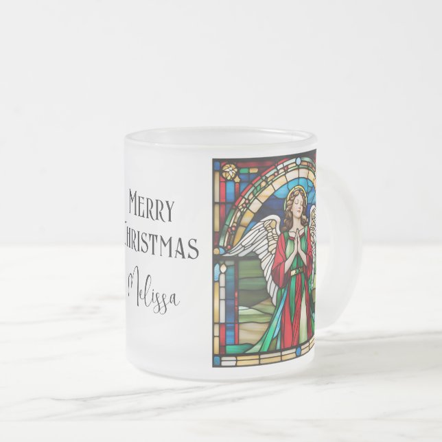 Stained Glass Window Christmas Angel Red And Green Frosted Glass Coffee Mug (Front Right)
