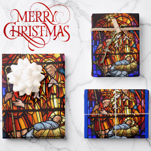 Stained Glass Window Nativity Baby Jesus Christmas Wrapping Paper Sheet