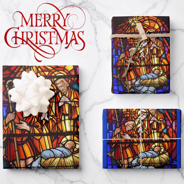 Stained Glass Window Nativity Baby Jesus Christmas Wrapping Paper Sheet (Creator Uploaded)