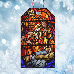 Stained Glass Window Nativity Christmas Set 10 Gift Tags